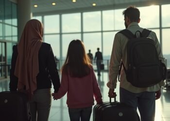 صورة عائلية سورية في المطار، تعبر عن القلق قبل الرحيل إلى الوطن