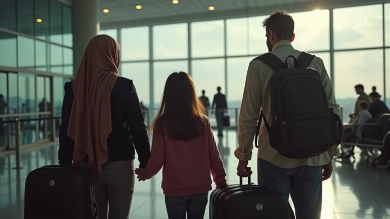 صورة عائلية سورية في المطار، تعبر عن القلق قبل الرحيل إلى الوطن