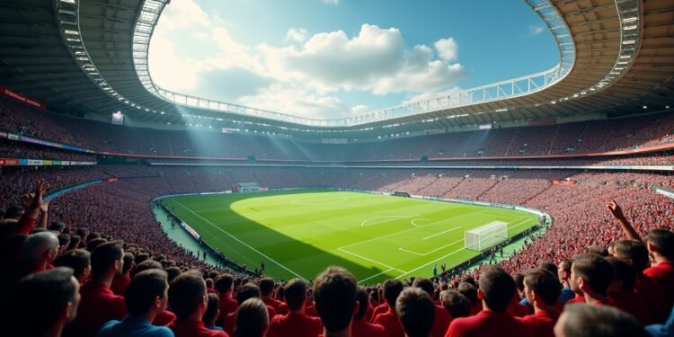 صورة واقعية لملعب كرة قدم مليء بالمشجعين، تعكس الإثارة والقلق