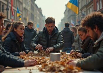A bustling scene showing Ukrainian refugees in a German city, engaged in various jobs and contributing to the local economy.