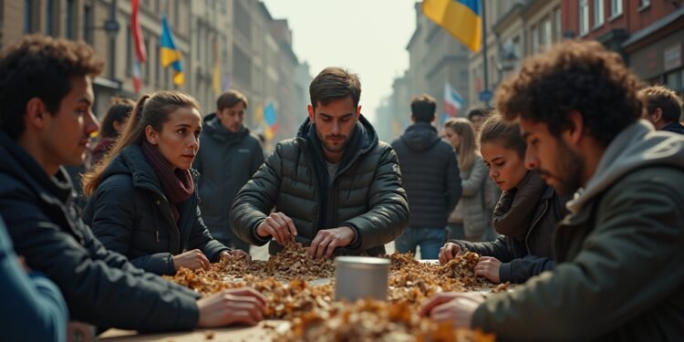 A bustling scene showing Ukrainian refugees in a German city, engaged in various jobs and contributing to the local economy.