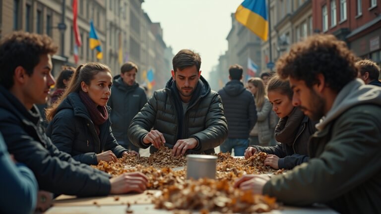 A bustling scene showing Ukrainian refugees in a German city, engaged in various jobs and contributing to the local economy.