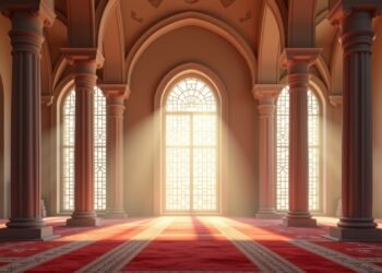 مشهد داخلي لمسجد يظهر تفاصيل الطقوس الدينية.