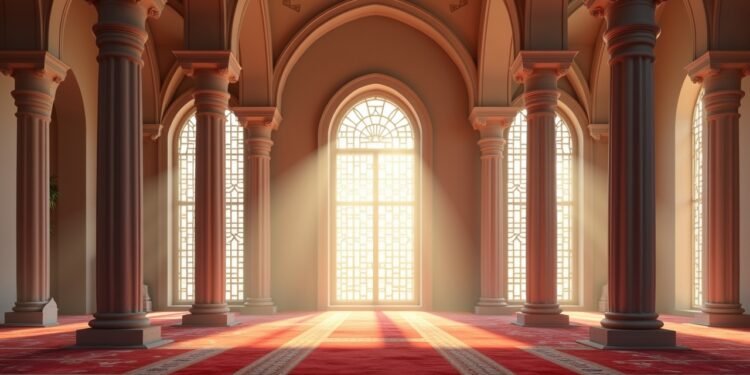 مشهد داخلي لمسجد يظهر تفاصيل الطقوس الدينية.