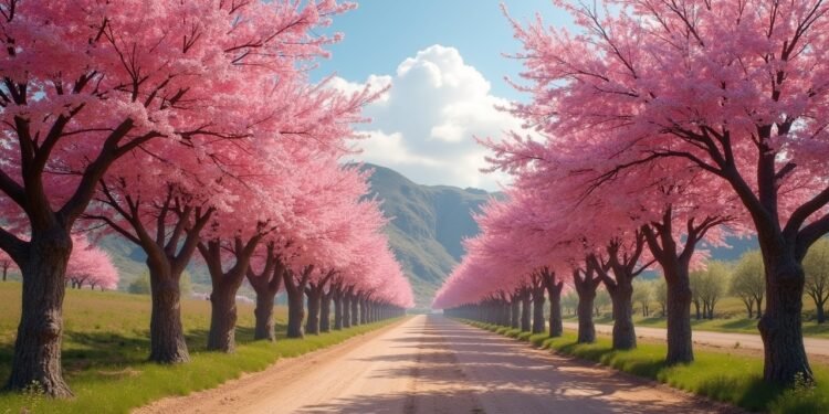 A scenic view of cherry blossoms in Wadi Girti, Spain during spring.