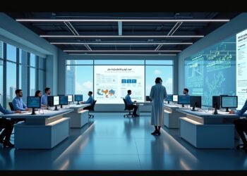 صورة بالذكاء الاصطناعي تحاكي بيئة معهد تكنولوجي حديث في أبوظبي تعرض نجاحات نموذج فالكون H1R وتطبيقات الذكاء الاصطناعي باللغة العربية.