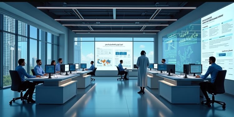 صورة بالذكاء الاصطناعي تحاكي بيئة معهد تكنولوجي حديث في أبوظبي تعرض نجاحات نموذج فالكون H1R وتطبيقات الذكاء الاصطناعي باللغة العربية.