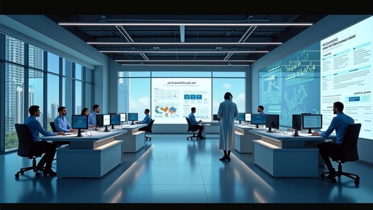 صورة بالذكاء الاصطناعي تحاكي بيئة معهد تكنولوجي حديث في أبوظبي تعرض نجاحات نموذج فالكون H1R وتطبيقات الذكاء الاصطناعي باللغة العربية.