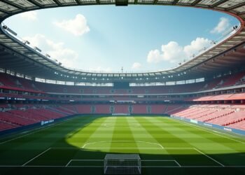 Empty soccer stadium with a protest banner about boycotting the world cup