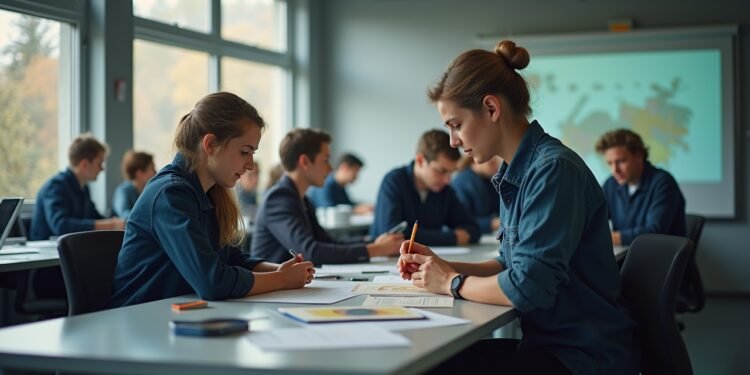 مَدْرَسَة تدريب مهني في ألمانيا حيث يتفاعل الطلاب مع الأنشطة التعليمية العملية