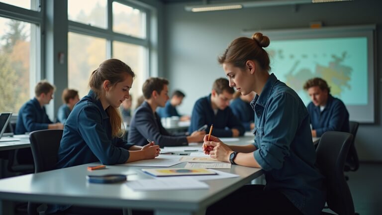 مَدْرَسَة تدريب مهني في ألمانيا حيث يتفاعل الطلاب مع الأنشطة التعليمية العملية