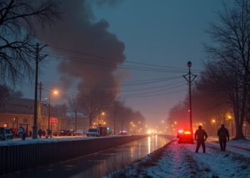 صورة بالذكاء الاصطناعي تحاكي فرق الطوارئ وهي تتعامل مع حريق في محطة توزيع كهرباء قريبة من قناة وسط أجواء شتوية في برلين وتظهر آثار الدخان والسيارات الأمنية.