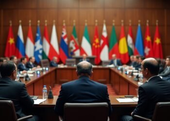 صورة لمؤتمر سياسي يُظهر قاعة ضخمة مع أعلام دولية وأشخاص يناقشون القضايا الجادة.