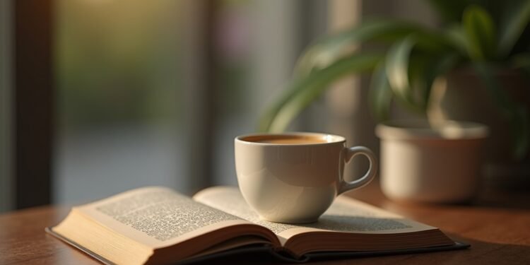 صورة حقيقية لفنجان من الإسبريسو مع كتاب بجانبه