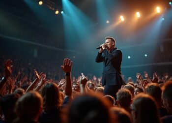 روبي ويليامز على المسرح أثناء أدائه المباشر