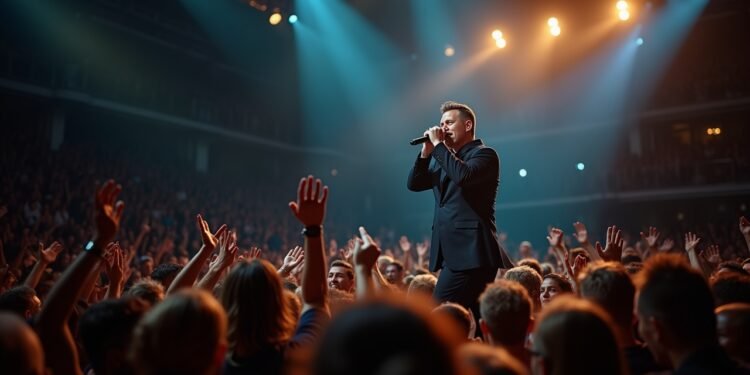 روبي ويليامز على المسرح أثناء أدائه المباشر