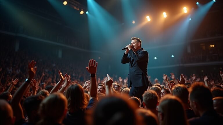 روبي ويليامز على المسرح أثناء أدائه المباشر