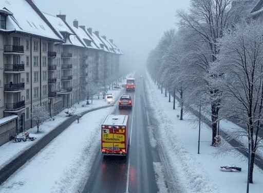 صورة بالذكاء الاصطناعي تحاكي مدينة ألمانية يغطيها الثلج والسيارات تسير بحذر في أجواء شتوية قاسية