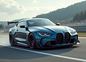 صورة لسيارة بي إم دبليو إم 3 كهربائية على حلبة سباق.