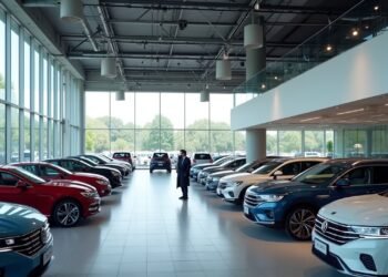 Scene of a car dealership with display of BYD and Volkswagen hybrid cars.