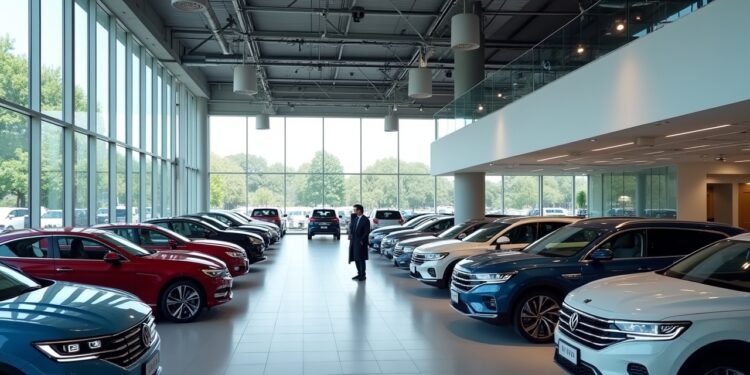 Scene of a car dealership with display of BYD and Volkswagen hybrid cars.