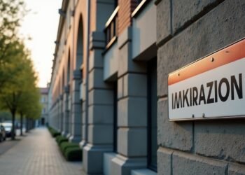 مبنى حكومي في ألمانيا مع لافتات تتعلق بالهجرة