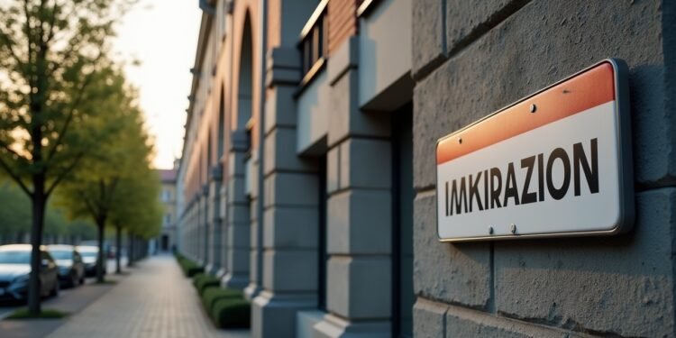 مبنى حكومي في ألمانيا مع لافتات تتعلق بالهجرة