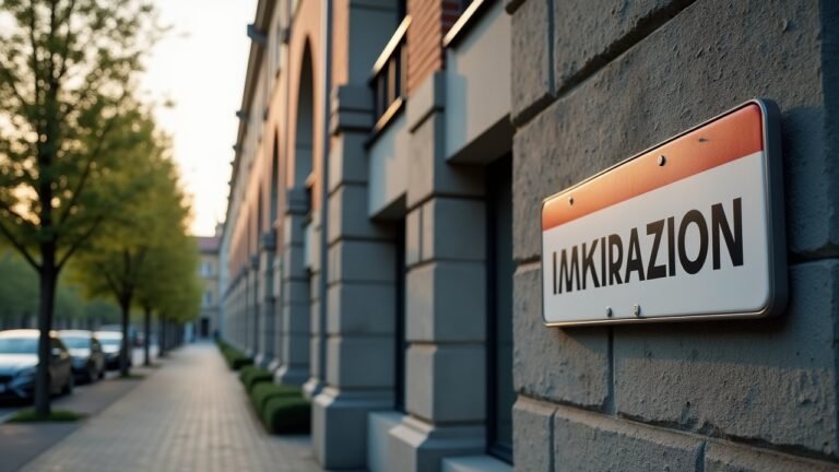 مبنى حكومي في ألمانيا مع لافتات تتعلق بالهجرة