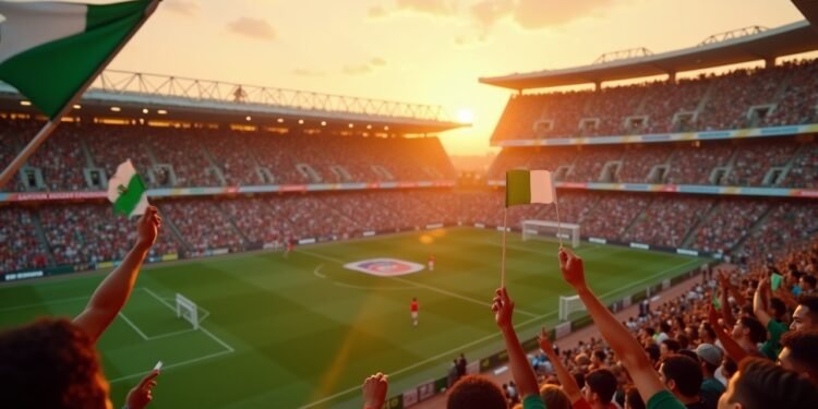 صورة بالذكاء الاصطناعي تحاكي أجواء مواجهة نيجيريا والجزائر في ملعب أدرار بأغادير ضمن ربع نهائي كأس أمم أفريقيا 2025، توضح جماهير البلدين في المدرجات وأجواء حماسية.