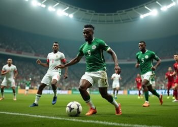 صورة بالذكاء الاصطناعي تحاكي لحظة توتر خلال مباراة نيجيريا والجزائر في ربع نهائي كأس أمم إفريقيا 2025 في ملعب بالمغرب، مع تفاعل الجماهير وأجواء جماعية حماسية.