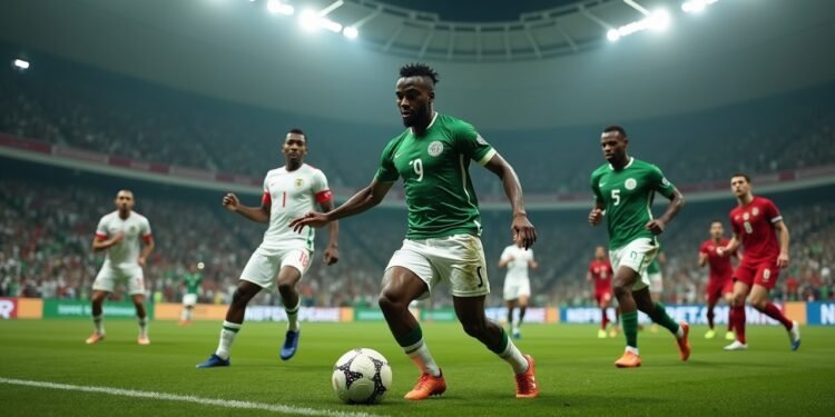 صورة بالذكاء الاصطناعي تحاكي لحظة توتر خلال مباراة نيجيريا والجزائر في ربع نهائي كأس أمم إفريقيا 2025 في ملعب بالمغرب، مع تفاعل الجماهير وأجواء جماعية حماسية.