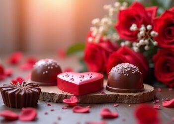 احتفال بعيد الحب مع زهور وشوكولاتة مزينة بأشكال قلوب.
