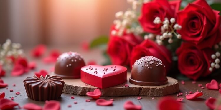 احتفال بعيد الحب مع زهور وشوكولاتة مزينة بأشكال قلوب.