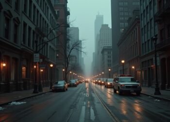 مشهد تمثيلي لمذبحة عيد الحب في شيكاغو، يوحي بالجو الكئيب للشوارع الخالية بعد الحدث.