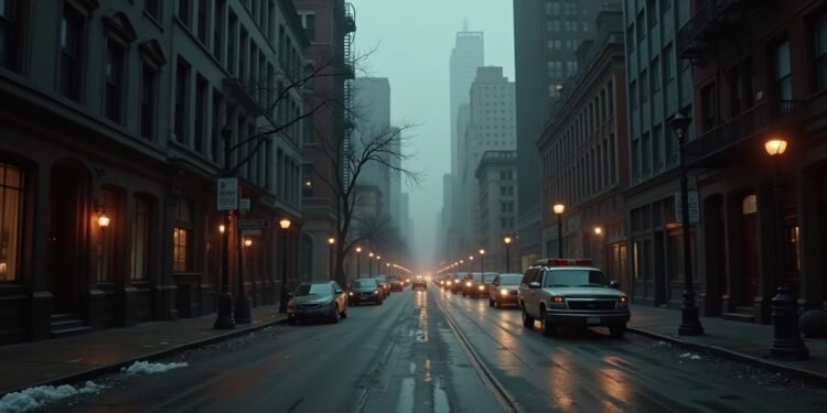 مشهد تمثيلي لمذبحة عيد الحب في شيكاغو، يوحي بالجو الكئيب للشوارع الخالية بعد الحدث.