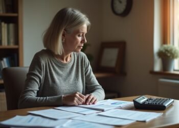 A woman reviewing pension documents at her desk, focused on financial planning.