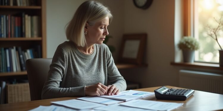 A woman reviewing pension documents at her desk, focused on financial planning.