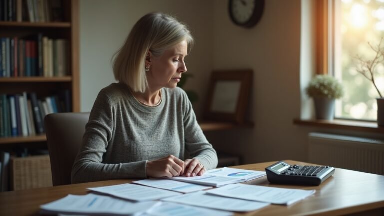 A woman reviewing pension documents at her desk, focused on financial planning.