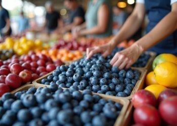 مشهد من سوق للفواكه يوضح التوت البري الطازج في سلة