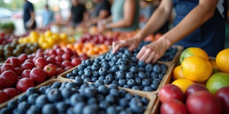 مشهد من سوق للفواكه يوضح التوت البري الطازج في سلة