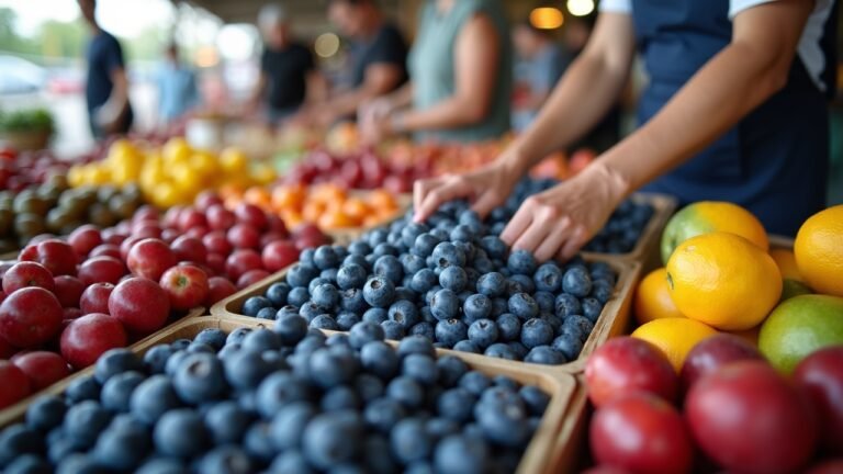 مشهد من سوق للفواكه يوضح التوت البري الطازج في سلة