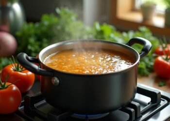 وتعرض صورة لمرق العظام المنزلي وهو يُطهى على الموقد، مع وجود خضروات وأعشاب طازجة بجواره.