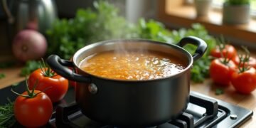 وتعرض صورة لمرق العظام المنزلي وهو يُطهى على الموقد، مع وجود خضروات وأعشاب طازجة بجواره.