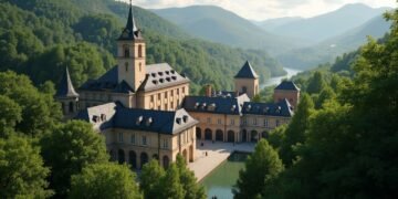 A beautiful view of spa buildings in Baden-Baden, highlighting its thermal springs and lush surroundings.
