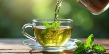 صورة واقعية لكوب من شاي النعناع الأخضر في بيئة طبيعية