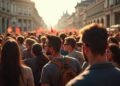 صورة واقعية لمجموعة متنوعة من الناس يحتجون ضد الفساد في ساحة مدينة