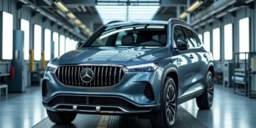 Long view of a modern Mercedes SUV-minivan hybrid being manufactured in a factory in Hungary