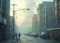 A view of a polluted city skyline showing smog and haze, reflecting air quality issues.