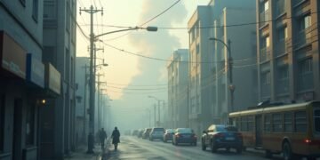 A view of a polluted city skyline showing smog and haze, reflecting air quality issues.