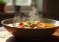 A bowl of hot chicken soup with vegetables, placed on a table in a warm kitchen, representing home remedies for colds.